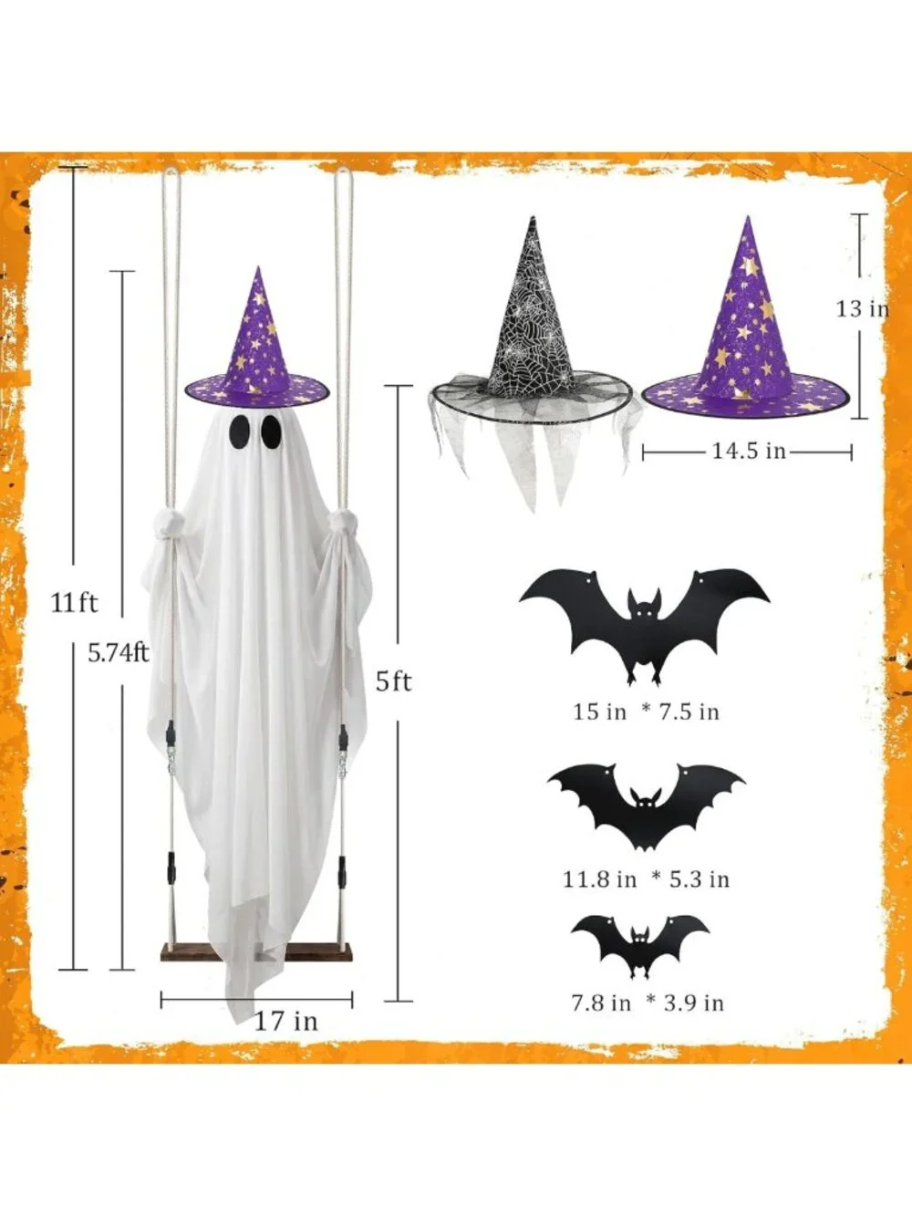 11 FT Light-Up Swinging Ghost Decor with Bat & Hat - Outdoor Halloween Yard